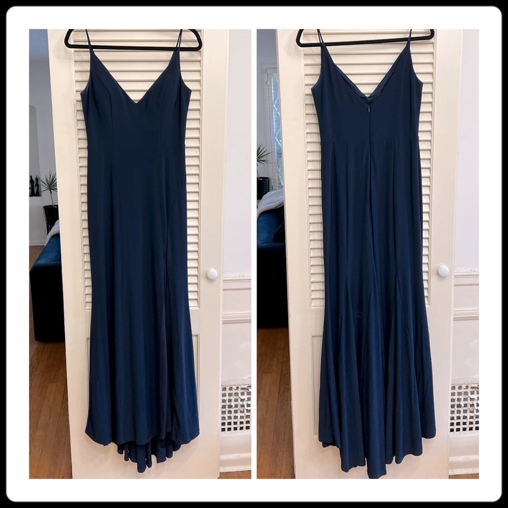 Navy blue Gown with hi lo hem, maxi length.